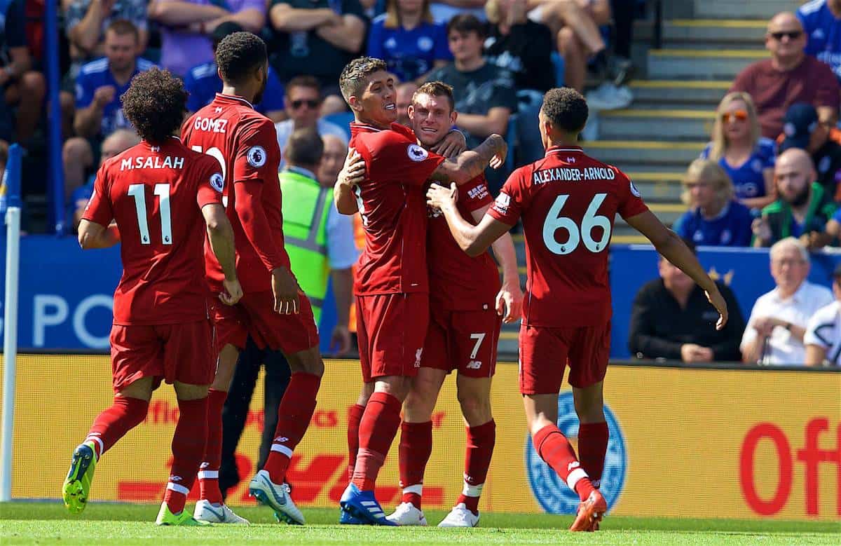 LEICESTER, ENGLAND - Saturday, September 1, 2018: Liverpool's Roberto Firmino celebrates scoring the second goal with team-mates during the FA Premier League match between Leicester City and Liverpool at the King Power Stadium. (Pic by David Rawcliffe/Propaganda)