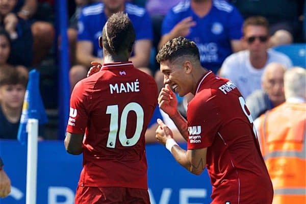 LEICESTER, ENGLAND - Saturday, September 1, 2018: Liverpool's Roberto Firmino (right) celebrates scoring the second goal with team-mate Sadio Mane (left) during the FA Premier League match between Leicester City and Liverpool at the King Power Stadium. (Pic by David Rawcliffe/Propaganda)