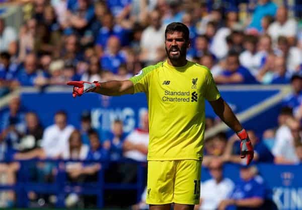 LEICESTER, ENGLAND - Saturday, September 1, 2018: Liverpool's goalkeeper Alisson Becker during the FA Premier League match between Leicester City and Liverpool at the King Power Stadium. (Pic by David Rawcliffe/Propaganda)