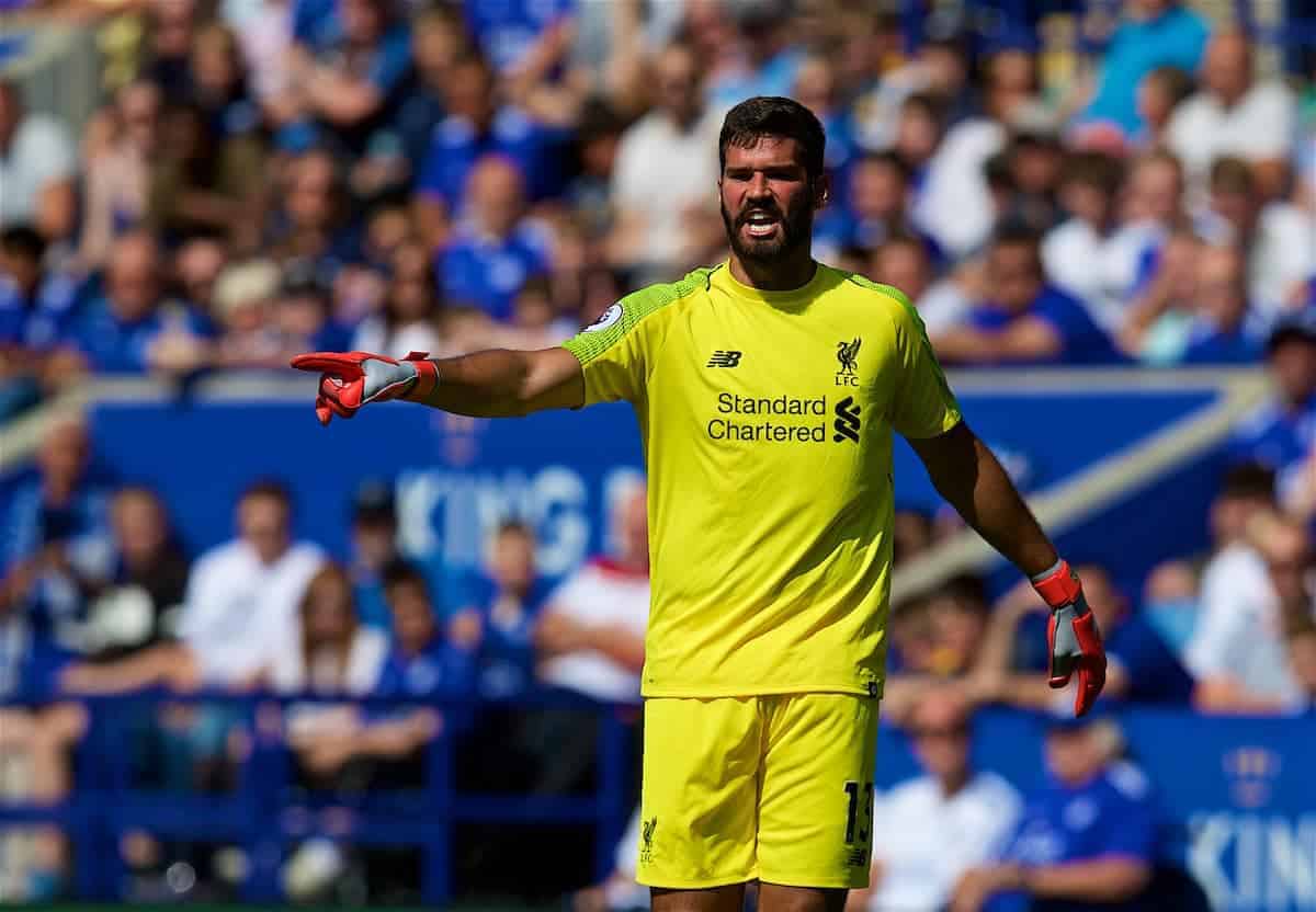 LEICESTER, ENGLAND - Saturday, September 1, 2018: Liverpool's goalkeeper Alisson Becker during the FA Premier League match between Leicester City and Liverpool at the King Power Stadium. (Pic by David Rawcliffe/Propaganda)