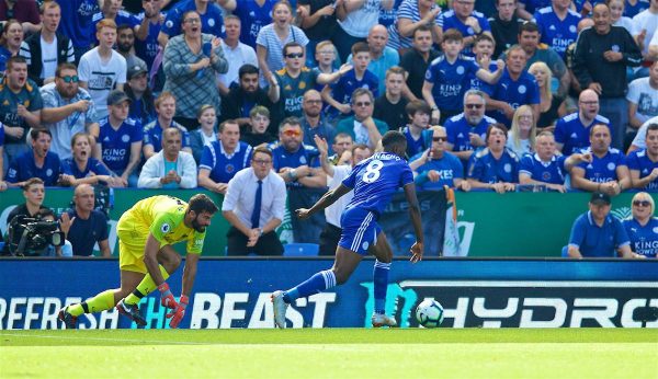 LEICESTER, ENGLAND - Saturday, September 1, 2018: Liverpool's goalkeeper Alisson Becker looses the ball to Leicester City's Kelechi Iheanacho during the FA Premier League match between Leicester City and Liverpool at the King Power Stadium. (Pic by David Rawcliffe/Propaganda)