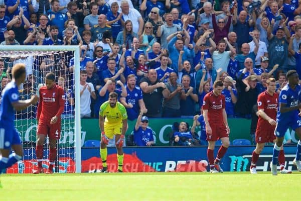 LEICESTER, ENGLAND - Saturday, September 1, 2018: Liverpool's goalkeeper Alisson Becker looks dejected after conceding a goal to Leicester City during the FA Premier League match between Leicester City and Liverpool at the King Power Stadium. (Pic by David Rawcliffe/Propaganda)