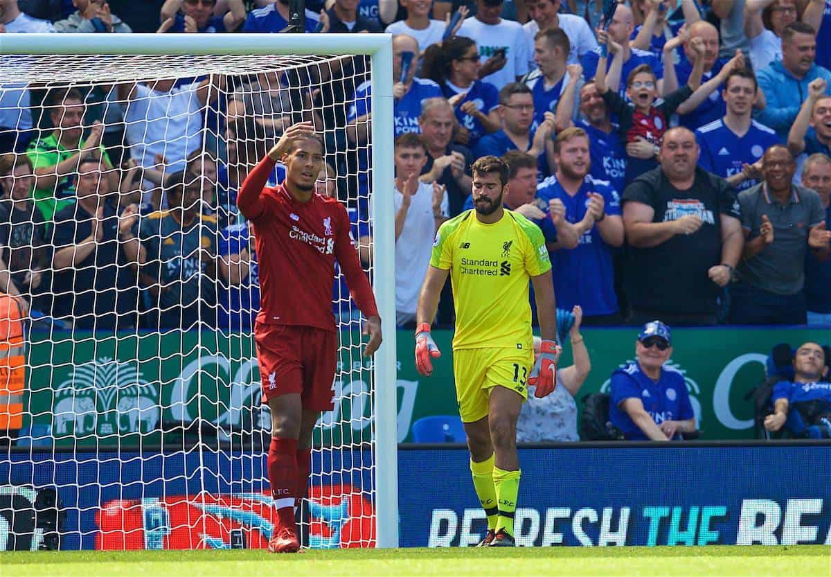 LEICESTER, ENGLAND - Saturday, September 1, 2018: Liverpool's goalkeeper Alisson Becker looks dejected after conceding a goal to Leicester City during the FA Premier League match between Leicester City and Liverpool at the King Power Stadium. (Pic by David Rawcliffe/Propaganda)