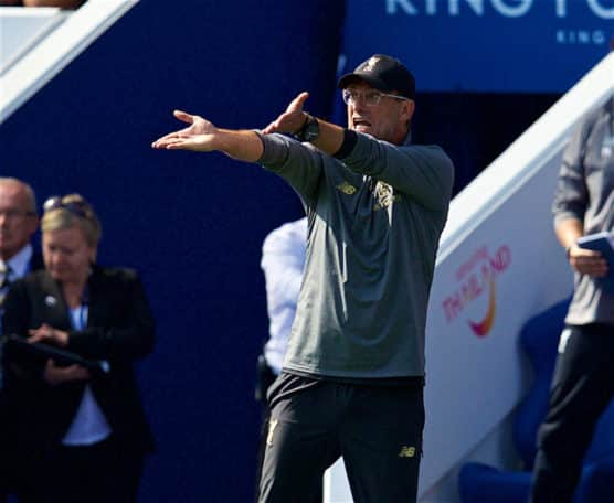 LEICESTER, ENGLAND - Saturday, September 1, 2018: Liverpool's manager Jürgen Klopp reacts during the FA Premier League match between Leicester City and Liverpool at the King Power Stadium. (Pic by David Rawcliffe/Propaganda)