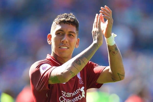 LEICESTER, ENGLAND - Saturday, September 1, 2018: Liverpool's Roberto Firmino celebrates 2-1 victory after the FA Premier League match between Leicester City and Liverpool at the King Power Stadium. (Pic by David Rawcliffe/Propaganda)