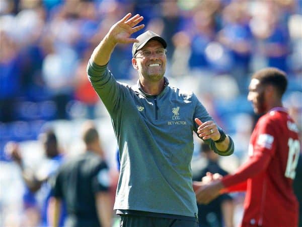 LEICESTER, ENGLAND - Saturday, September 1, 2018: Liverpool's manager Jürgen Klopp celebrates 2-1 victory after the FA Premier League match between Leicester City and Liverpool at the King Power Stadium. (Pic by David Rawcliffe/Propaganda)