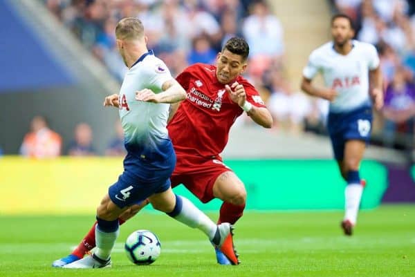 LONDON, ENGLAND - Saturday, September 15, 2018: Liverpool's Roberto Firmino (right) and Tottenham Hotspur's Toby Alderweireld (left) during the FA Premier League match between Tottenham Hotspur FC and Liverpool FC at Wembley Stadium. (Pic by David Rawcliffe/Propaganda)