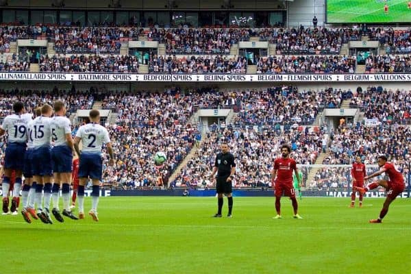 LONDON, ENGLAND - Saturday, September 15, 2018: Liverpool's Trent Alexander-Arnold takes a free-kick during the FA Premier League match between Tottenham Hotspur FC and Liverpool FC at Wembley Stadium. (Pic by David Rawcliffe/Propaganda)