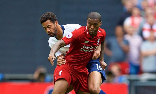 LONDON, ENGLAND - Saturday, September 15, 2018: Liverpool's Georginio Wijnaldum (left) and Tottenham Hotspur's Mousa DembÈlÈ during the FA Premier League match between Tottenham Hotspur FC and Liverpool FC at Wembley Stadium. (Pic by David Rawcliffe/Propaganda)