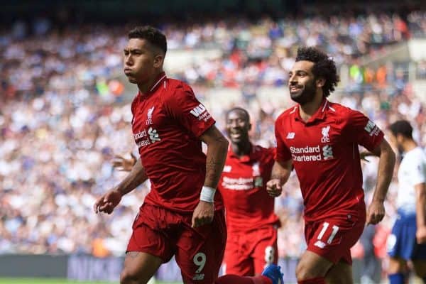 LONDON, ENGLAND - Saturday, September 15, 2018: Liverpool's Roberto Firmino (right) celebrates scoring the second goal during the FA Premier League match between Tottenham Hotspur FC and Liverpool FC at Wembley Stadium. (Pic by David Rawcliffe/Propaganda)