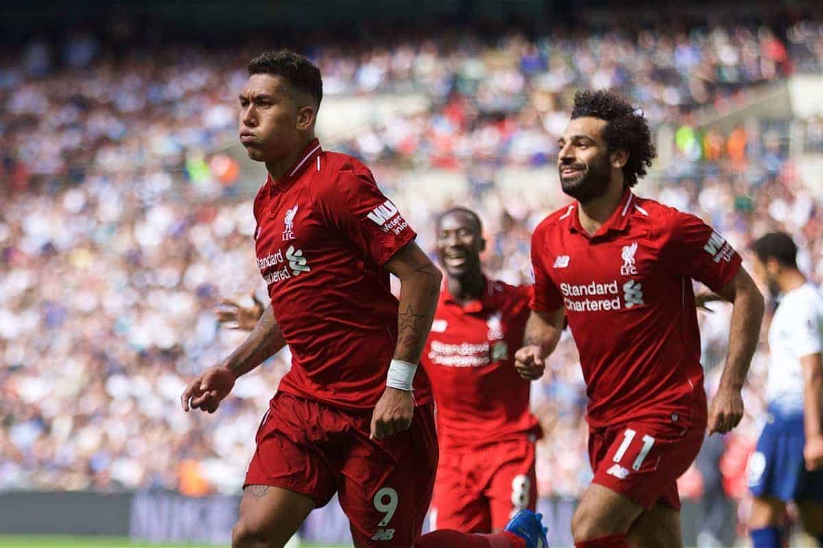 LONDON, ENGLAND - Saturday, September 15, 2018: Liverpool's Roberto Firmino (right) celebrates scoring the second goal during the FA Premier League match between Tottenham Hotspur FC and Liverpool FC at Wembley Stadium. (Pic by David Rawcliffe/Propaganda)