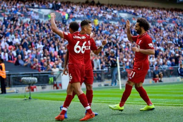 LONDON, ENGLAND - Saturday, September 15, 2018: Liverpool's Roberto Firmino (right) celebrates scoring the second goal with team-mates during the FA Premier League match between Tottenham Hotspur FC and Liverpool FC at Wembley Stadium. (Pic by David Rawcliffe/Propaganda)