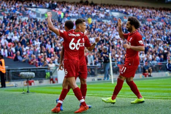 LONDON, ENGLAND - Saturday, September 15, 2018: Liverpool's Roberto Firmino (right) celebrates scoring the second goal with team-mates during the FA Premier League match between Tottenham Hotspur FC and Liverpool FC at Wembley Stadium. (Pic by David Rawcliffe/Propaganda)