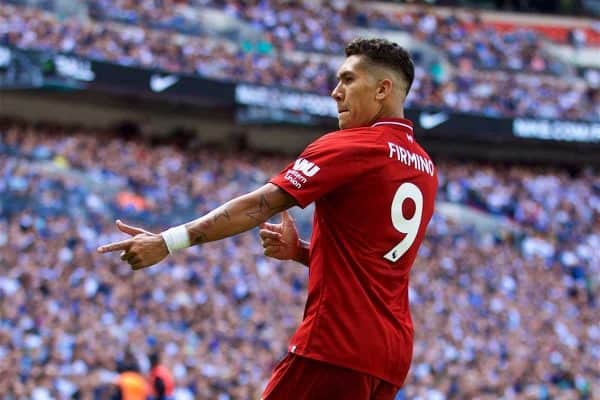 LONDON, ENGLAND - Saturday, September 15, 2018: Liverpool's Roberto Firmino (right) celebrates scoring the second goal during the FA Premier League match between Tottenham Hotspur FC and Liverpool FC at Wembley Stadium. (Pic by David Rawcliffe/Propaganda)