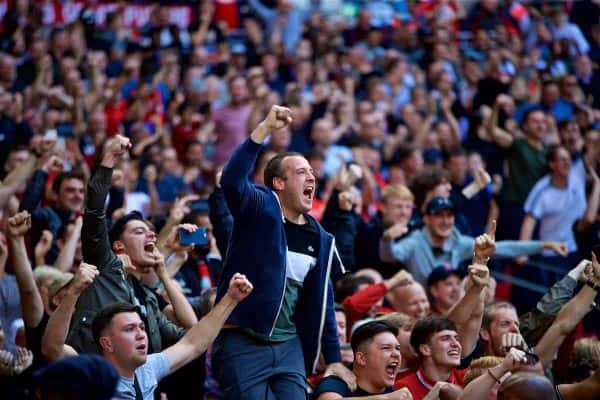 LONDON, ENGLAND - Saturday, September 15, 2018: Liverpool supporters celebrate the second goal during the FA Premier League match between Tottenham Hotspur FC and Liverpool FC at Wembley Stadium. (Pic by David Rawcliffe/Propaganda)