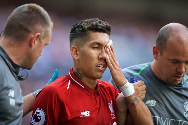 LONDON, ENGLAND - Saturday, September 15, 2018: Liverpool's Roberto Firmino goes off injured after being struck in the face during the FA Premier League match between Tottenham Hotspur FC and Liverpool FC at Wembley Stadium. (Pic by David Rawcliffe/Propaganda)