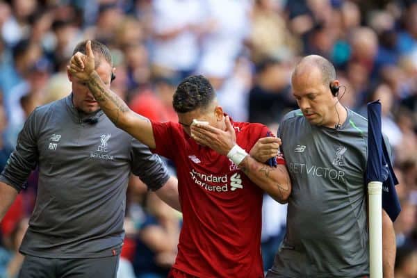 LONDON, ENGLAND - Saturday, September 15, 2018: Liverpool's Roberto Firmino goes off injured after being struck in the face during the FA Premier League match between Tottenham Hotspur FC and Liverpool FC at Wembley Stadium. (Pic by David Rawcliffe/Propaganda)