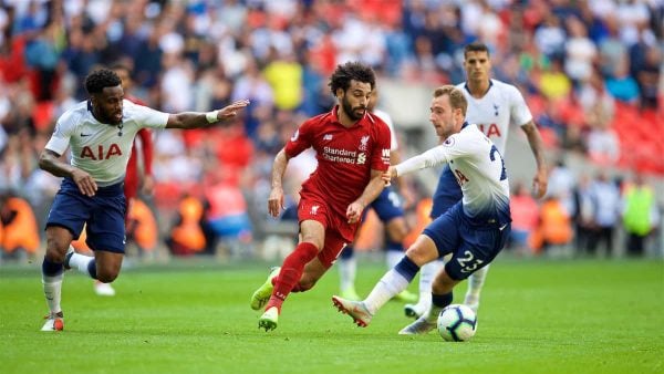 LONDON, ENGLAND - Saturday, September 15, 2018: Tottenham Hotspur's Danny Rose (left), Tottenham Hotspur's Christian Eriksen (right) and Liverpool's Mohamed Salah (centre) and during the FA Premier League match between Tottenham Hotspur FC and Liverpool FC at Wembley Stadium. (Pic by David Rawcliffe/Propaganda)