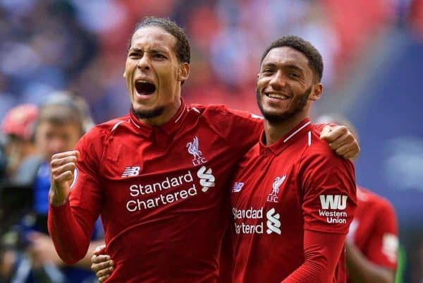 LONDON, ENGLAND - Saturday, September 15, 2018: Liverpool's Virgil van Dijk and Joe Gomez celebrate after the FA Premier League match between Tottenham Hotspur FC and Liverpool FC at Wembley Stadium. Liverpool won 2-1. (Pic by David Rawcliffe/Propaganda)