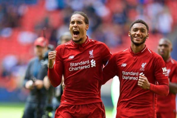 LONDON, ENGLAND - Saturday, September 15, 2018: Liverpool's Virgil van Dijk and Joe Gomez celebrate after the FA Premier League match between Tottenham Hotspur FC and Liverpool FC at Wembley Stadium. Liverpool won 2-1. (Pic by David Rawcliffe/Propaganda)