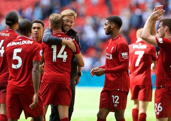 LONDON, ENGLAND - Saturday, September 15, 2018: Liverpool's manager Jürgen Klopp embraces captain Jordan Henderson as they celebrate after the FA Premier League match between Tottenham Hotspur FC and Liverpool FC at Wembley Stadium. Liverpool won 2-1. (Pic by David Rawcliffe/Propaganda)