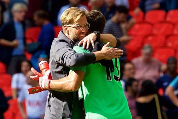 LONDON, ENGLAND - Saturday, September 15, 2018: Liverpool's manager J¸rgen Klopp embraces goalkeeper Alisson Becker during the FA Premier League match between Tottenham Hotspur FC and Liverpool FC at Wembley Stadium. Liverpool won 2-1. (Pic by David Rawcliffe/Propaganda)