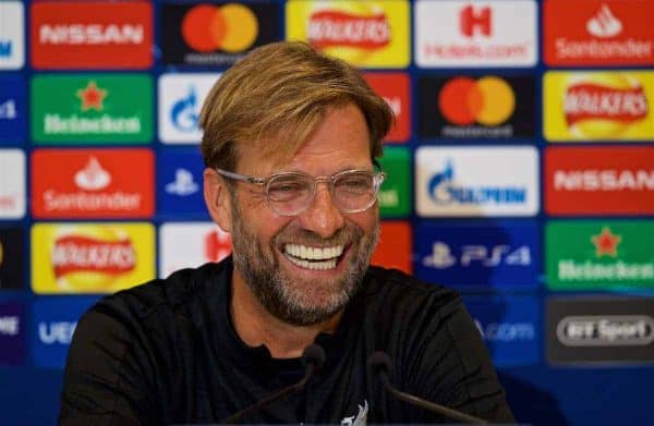 LIVERPOOL, ENGLAND - Monday, September 17, 2018: Liverpool's manager Jürgen Klopp during a press conference ahead of the UEFA Champions League Group C match between Liverpool FC and Paris Saint-Germain at Anfield. (Pic by David Rawcliffe/Propaganda)