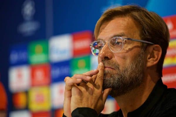 LIVERPOOL, ENGLAND - Monday, September 17, 2018: Liverpool's manager Jürgen Klopp during a press conference ahead of the UEFA Champions League Group C match between Liverpool FC and Paris Saint-Germain at Anfield. (Pic by David Rawcliffe/Propaganda)