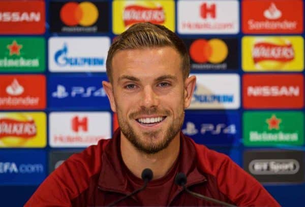 LIVERPOOL, ENGLAND - Monday, September 17, 2018: Liverpool's captain Jordan Henderson during a press conference ahead of the UEFA Champions League Group C match between Liverpool FC and Paris Saint-Germain at Anfield. (Pic by David Rawcliffe/Propaganda)