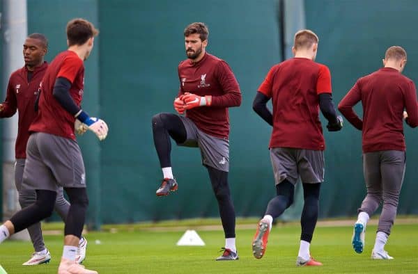 LIVERPOOL, ENGLAND - Monday, September 17, 2018: Liverpool's goalkeeper Alisson Becker during a training session at Melwood Training Ground ahead of the UEFA Champions League Group C match between Liverpool FC and Paris Saint-Germain. (Pic by David Rawcliffe/Propaganda)