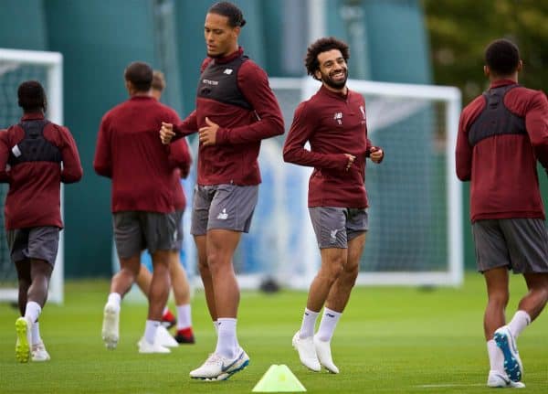 LIVERPOOL, ENGLAND - Monday, September 17, 2018: Liverpool's Virgil van Dijk (left) and Mohamed Salah during a training session at Melwood Training Ground ahead of the UEFA Champions League Group C match between Liverpool FC and Paris Saint-Germain. (Pic by David Rawcliffe/Propaganda)