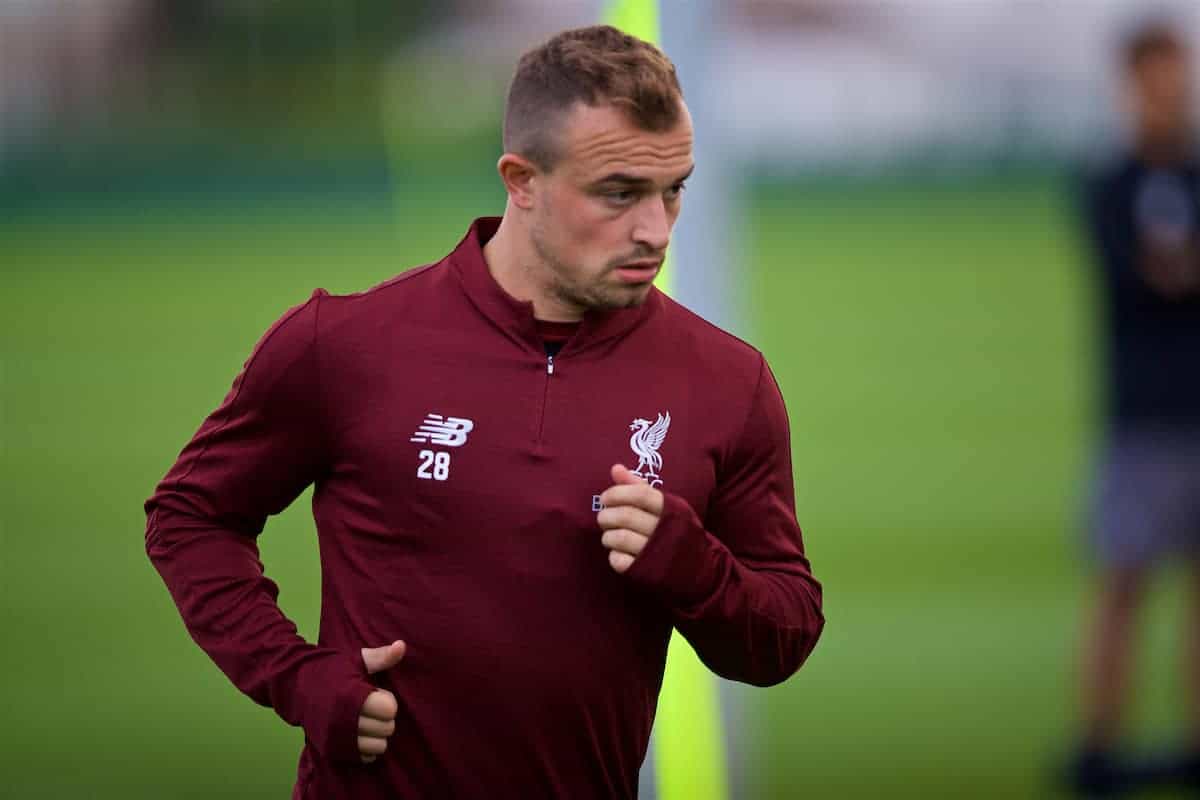 LIVERPOOL, ENGLAND - Monday, September 17, 2018: Liverpool's Xherdan Shaqiri during a training session at Melwood Training Ground ahead of the UEFA Champions League Group C match between Liverpool FC and Paris Saint-Germain. (Pic by David Rawcliffe/Propaganda)