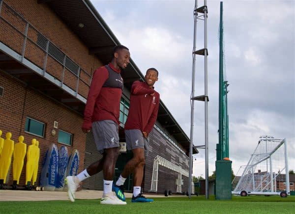 LIVERPOOL, ENGLAND - Monday, September 17, 2018: Liverpool's Naby Keita (left) and Georginio Wijnaldum during a training session at Melwood Training Ground ahead of the UEFA Champions League Group C match between Liverpool FC and Paris Saint-Germain. (Pic by David Rawcliffe/Propaganda)