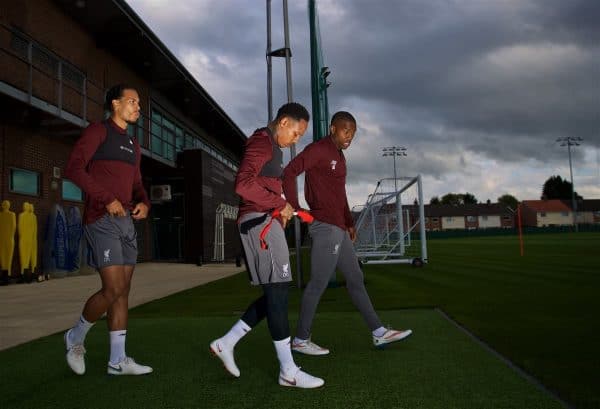 LIVERPOOL, ENGLAND - Monday, September 17, 2018: Liverpool's Virgil van Dijk (left), Nathaniel Clyne (centre) and Daniel Sturridge (right) during a training session at Melwood Training Ground ahead of the UEFA Champions League Group C match between Liverpool FC and Paris Saint-Germain. (Pic by David Rawcliffe/Propaganda)