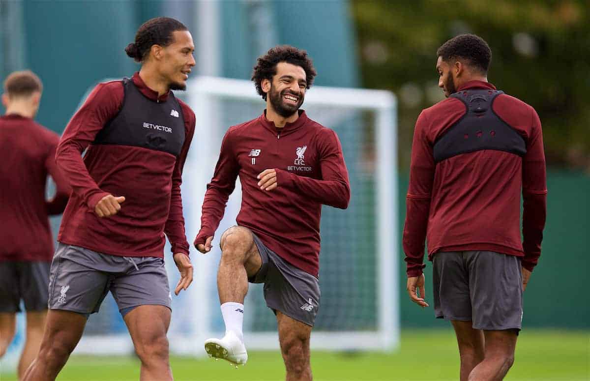 LIVERPOOL, ENGLAND - Monday, September 17, 2018: Liverpool's Mohamed Salah (centre) shares a joke with Virgil van Dijk (left) and Joe Gomez (right) during a training session at Melwood Training Ground ahead of the UEFA Champions League Group C match between Liverpool FC and Paris Saint-Germain. (Pic by David Rawcliffe/Propaganda)