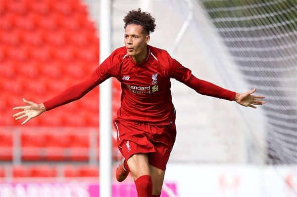 LIVERPOOL, ENGLAND - Tuesday, September 18, 2018: Liverpool's Rhys Williams celebrates scoring the first goal during the UEFA Youth League Group C match between Liverpool FC and Paris Saint-Germain at Langtree Park. (Pic by David Rawcliffe/Propaganda)
