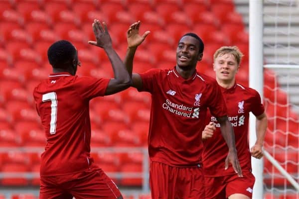 LIVERPOOL, ENGLAND - Tuesday, September 18, 2018: Liverpool's Rafael Camacho (centre) celebrates scoring the second goal with team-mates Bobby Adekanye (left) and Paul Glatzel (right) during the UEFA Youth League Group C match between Liverpool FC and Paris Saint-Germain at Langtree Park. (Pic by David Rawcliffe/Propaganda)