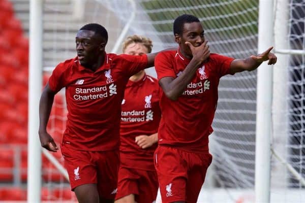 LIVERPOOL, ENGLAND - Tuesday, September 18, 2018: Liverpool's Rafael Camacho celebrates scoring the second goal with team-mate Bobby Adekanye (left) during the UEFA Youth League Group C match between Liverpool FC and Paris Saint-Germain at Langtree Park. (Pic by David Rawcliffe/Propaganda)