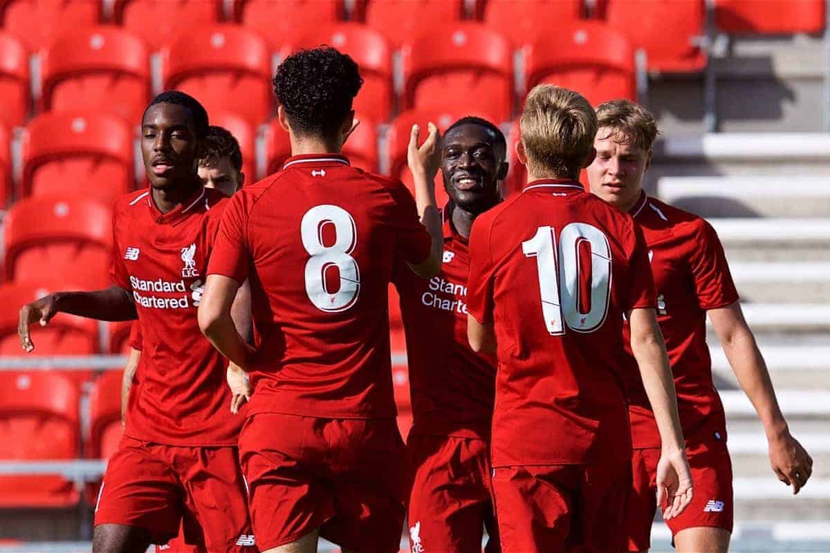 LIVERPOOL, ENGLAND - Tuesday, September 18, 2018: Liverpool's Bobby Adekanye (third from left) celebrates scoring the third goal with team-mates during the UEFA Youth League Group C match between Liverpool FC and Paris Saint-Germain at Langtree Park. (Pic by David Rawcliffe/Propaganda)