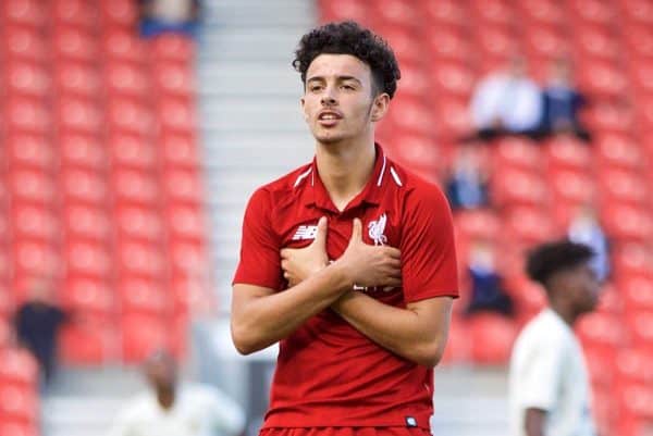 LIVERPOOL, ENGLAND - Tuesday, September 18, 2018: Liverpool's Curtis Jones celebrates scoring the fourth goal during the UEFA Youth League Group C match between Liverpool FC and Paris Saint-Germain at Langtree Park. (Pic by David Rawcliffe/Propaganda)