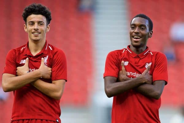 LIVERPOOL, ENGLAND - Tuesday, September 18, 2018: Liverpool's Rafael Camacho (right) celebrates scoring the fifth goal with team-mate Curtis Jones (left) during the UEFA Youth League Group C match between Liverpool FC and Paris Saint-Germain at Langtree Park. (Pic by David Rawcliffe/Propaganda)