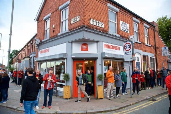 LIVERPOOL, ENGLAND - Tuesday, September 18, 2018: Supporters frequent HomeBaked, a community bakery outside Anfield, before the UEFA Champions League Group C match between Liverpool FC and Paris Saint-Germain. (Pic by David Rawcliffe/Propaganda)