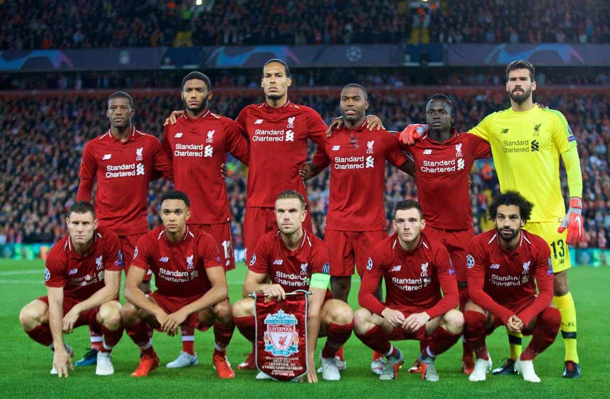 LIVERPOOL, ENGLAND - Tuesday, September 18, 2018: Liverpool's players line-up for a team group photograph before the UEFA Champions League Group C match between Liverpool FC and Paris Saint-Germain at Anfield. Back row L-R: Georginio Wijnaldum, Joe Gomez, Virgil van Dijk, Daniel Sturridge, Sadio Mane, goalkeeper Alisson Becker. Front row L-R: James Milner, Trent Alexander-Arnold, captain Jordan Henderson, Andy Robertson, Mohamed Salah. (Pic by David Rawcliffe/Propaganda)