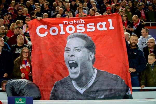 LIVERPOOL, ENGLAND - Tuesday, September 18, 2018: Liverpool supporters banner of Virgil van Dijk before the UEFA Champions League Group C match between Liverpool FC and Paris Saint-Germain at Anfield. (Pic by David Rawcliffe/Propaganda)