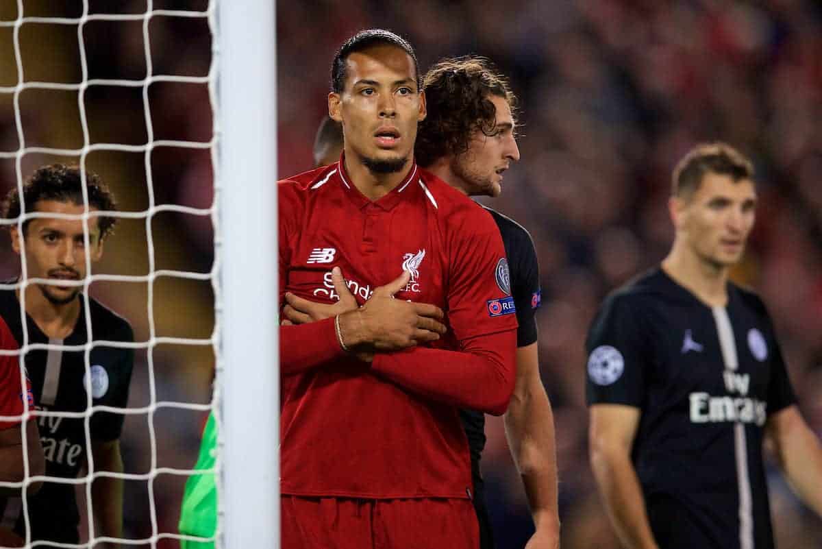 LIVERPOOL, ENGLAND - Tuesday, September 18, 2018: Liverpool's Virgil van Dijk during the UEFA Champions League Group C match between Liverpool FC and Paris Saint-Germain at Anfield. (Pic by David Rawcliffe/Propaganda)