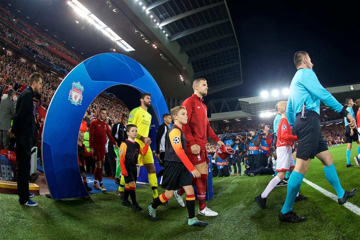 LIVERPOOL, ENGLAND - Tuesday, September 18, 2018: Liverpool's captain Jordan Henderson leads his team out before the UEFA Champions League Group C match between Liverpool FC and Paris Saint-Germain at Anfield. (Pic by David Rawcliffe/Propaganda)