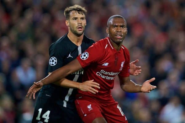 LIVERPOOL, ENGLAND - Tuesday, September 18, 2018: Paris Saint-Germain's Juan Bernat and Liverpool's Daniel Sturridge during the UEFA Champions League Group C match between Liverpool FC and Paris Saint-Germain at Anfield. (Pic by David Rawcliffe/Propaganda)