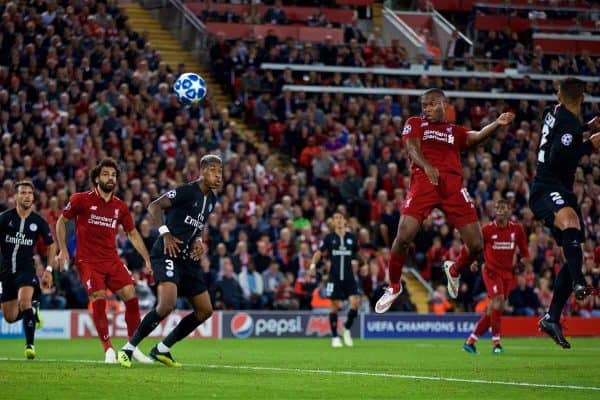 LIVERPOOL, ENGLAND - Tuesday, September 18, 2018: Liverpool's Daniel Sturridge scores the first goal during the UEFA Champions League Group C match between Liverpool FC and Paris Saint-Germain at Anfield. (Pic by David Rawcliffe/Propaganda)