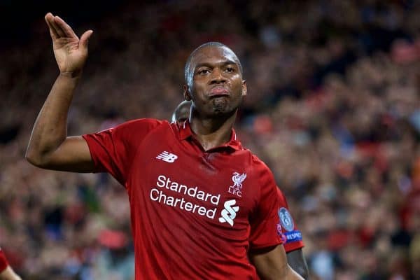 LIVERPOOL, ENGLAND - Tuesday, September 18, 2018: Liverpool's Daniel Sturridge celebrates scoring the first goal during the UEFA Champions League Group C match between Liverpool FC and Paris Saint-Germain at Anfield. (Pic by David Rawcliffe/Propaganda)