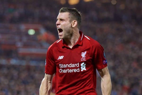 LIVERPOOL, ENGLAND - Tuesday, September 18, 2018: Liverpool's James Milner celebrates scoring the second goal from a penalty kick during the UEFA Champions League Group C match between Liverpool FC and Paris Saint-Germain at Anfield. (Pic by David Rawcliffe/Propaganda)